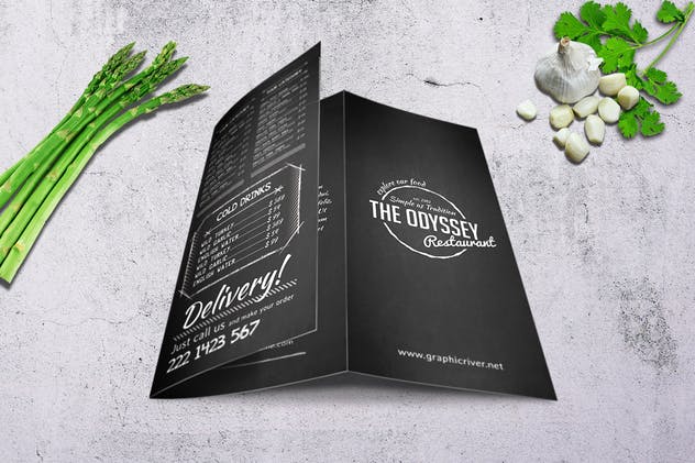 黑色复古排版餐厅菜单PSD模板 Odyssey A4 Trifold Menu插图(3)