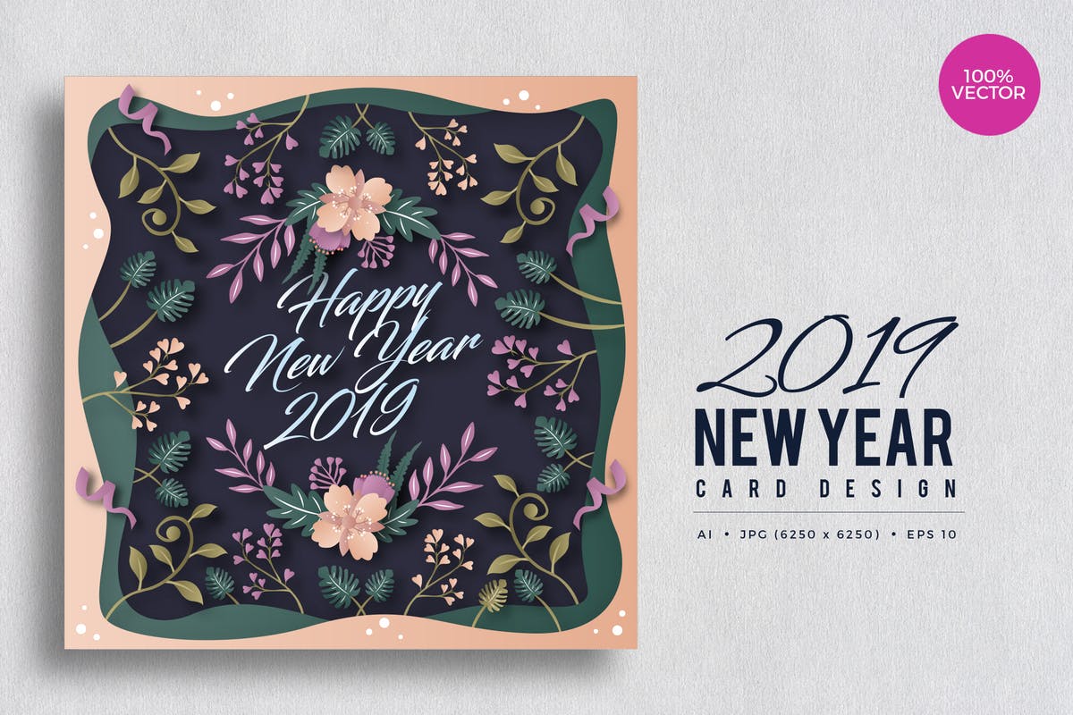2019年新年贺卡手绘花卉插画设计模板v2 Happy New Year 2019 Floral Vector Card Vol.2插图