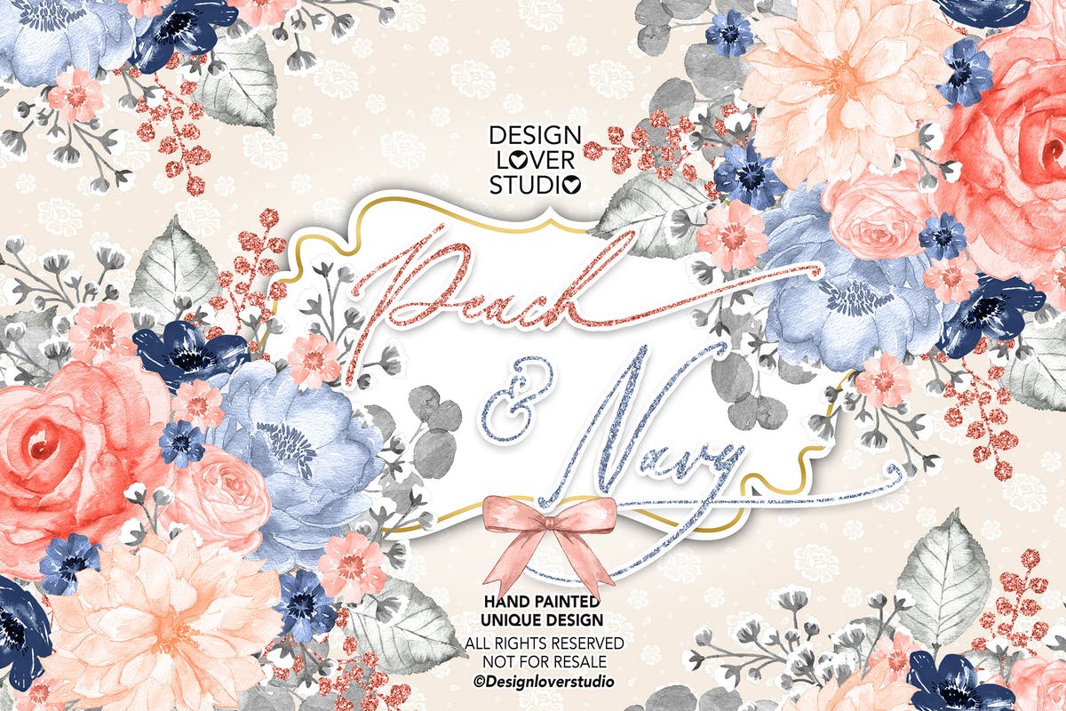桃红色&海军蓝水彩剪贴画设计素材 Watercolor Peach and Navy design插图