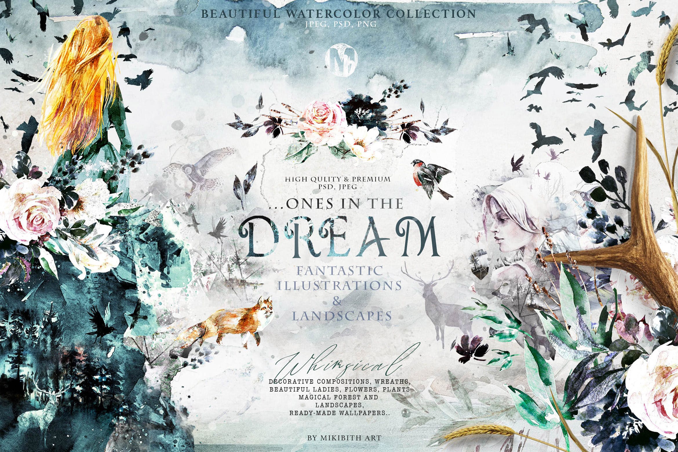 高品质梦幻水彩矢量插画素材大合集[1.88GB] Fantasy illustrations “Once in the dream”插图