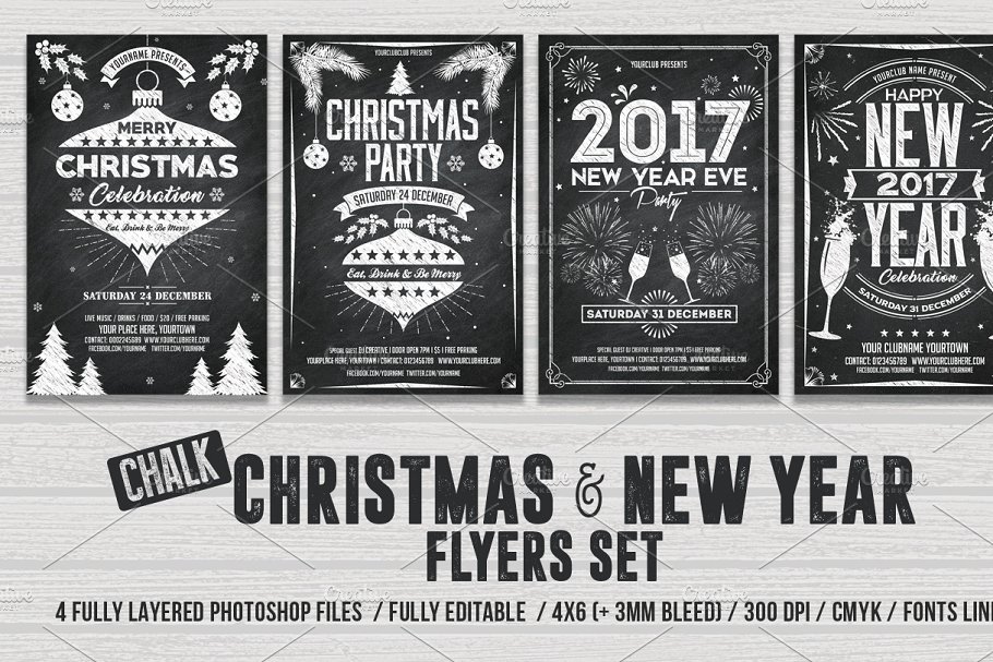 圣诞＆新年派对宣传活动粉笔黑板画模板 Christmas & New Year Chalk Flyer Set插图