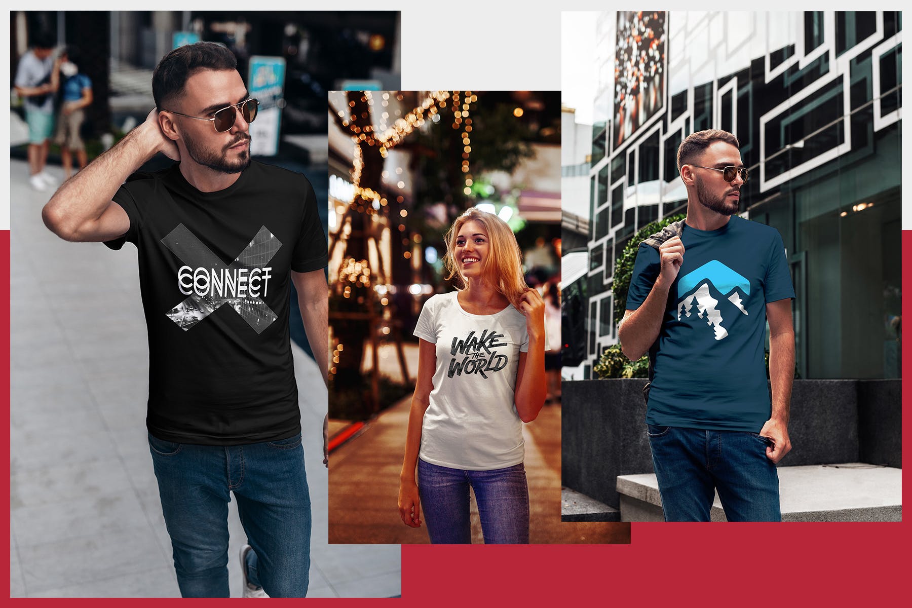 T恤情侣套装印花设计效果图样机 T-Shirt Mock-Up Couple In City插图(6)