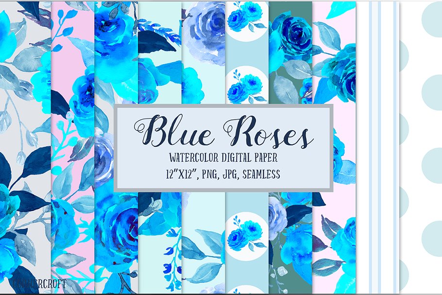 蓝色水彩玫瑰插画图案纸张纹理 Digital Paper Watercolor Blue Rose插图