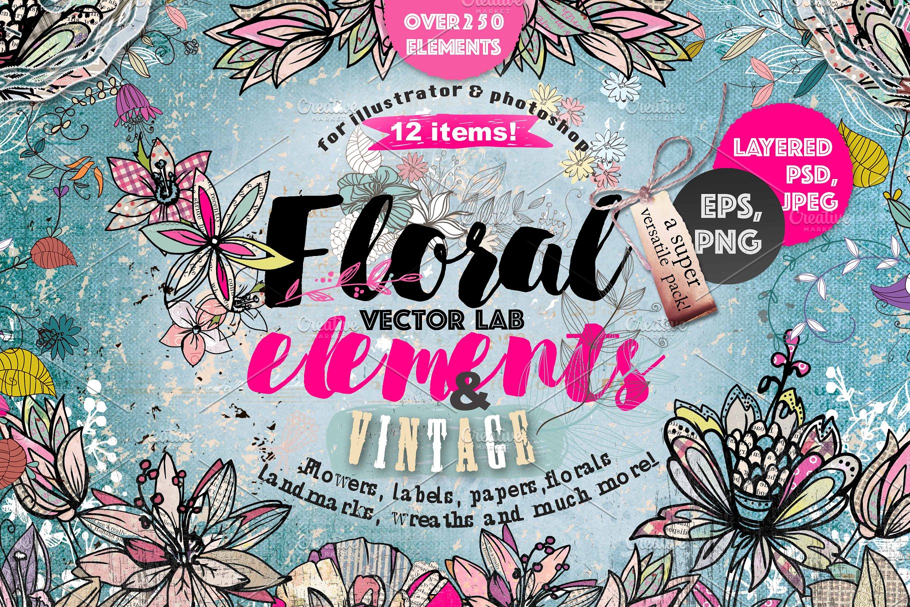 极力推荐：超级矢量花卉素材库 VECTOR LAB "FLORAl&VINTAGE"插图