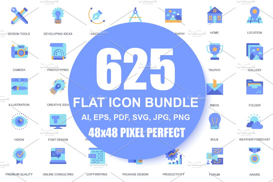 现代多领域蓝色扁平化设计图标 Flat Icons Blue Style插图