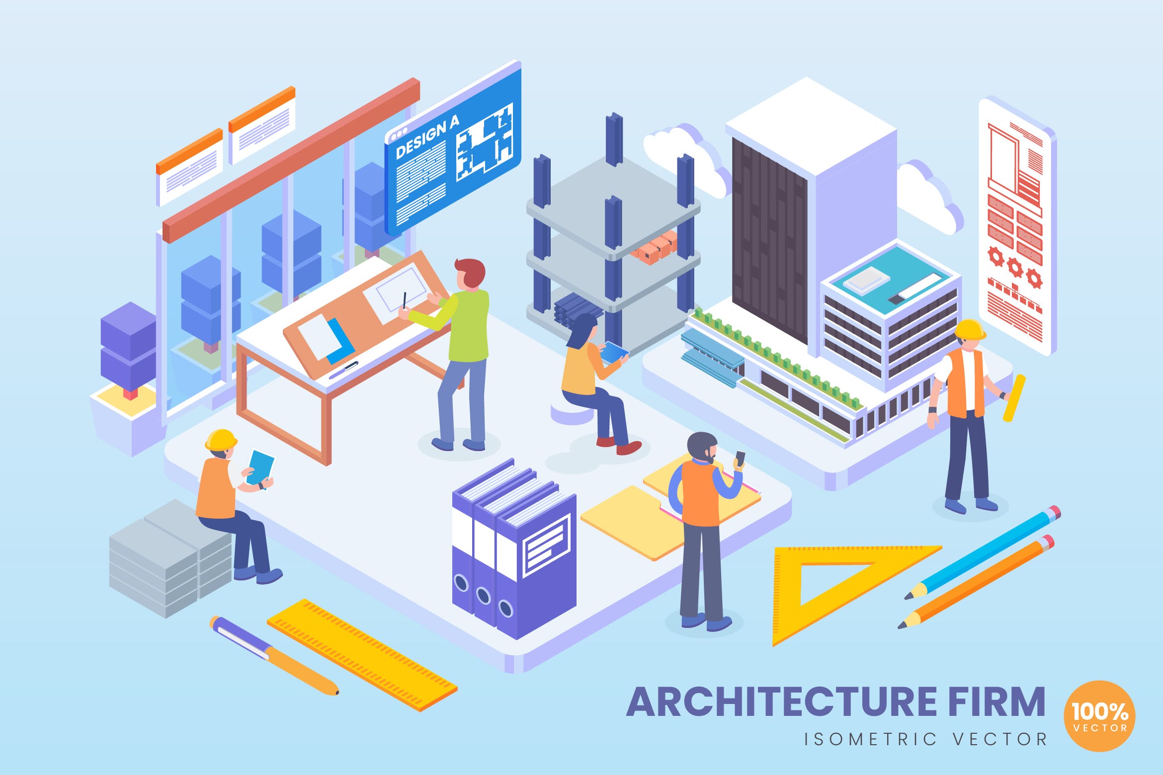 现代建筑技术等距矢量科技素材库精选概念插画 Isometric Architecture Firm Vector Concept插图