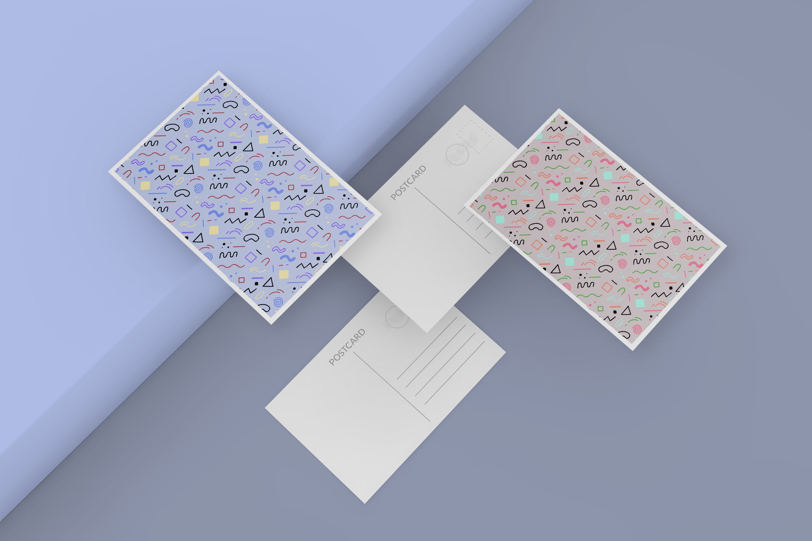 悬浮交叉叠放明信片设计预览素材库精选样机 Postcard Mockup – Four A6 Post Cards插图
