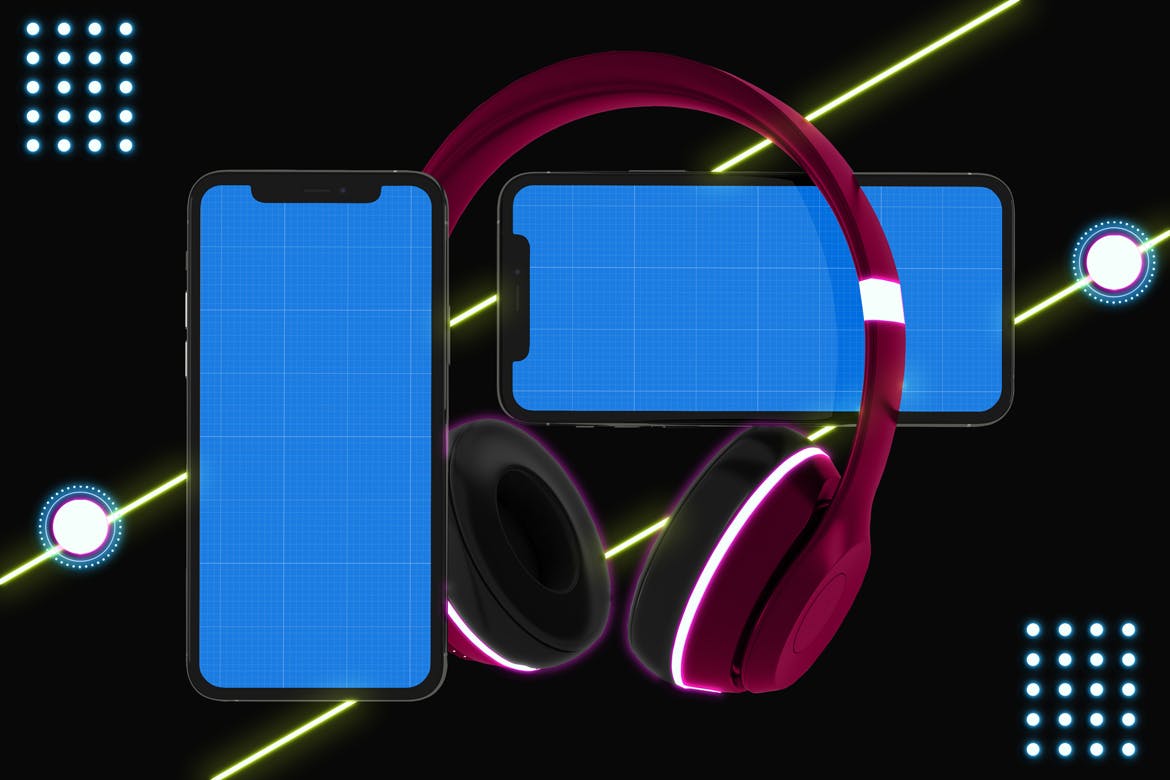 霓虹灯设计风格iPhone手机音乐APP应用UI设计图素材库精选样机 Neon iPhone Music App Mockup插图(11)