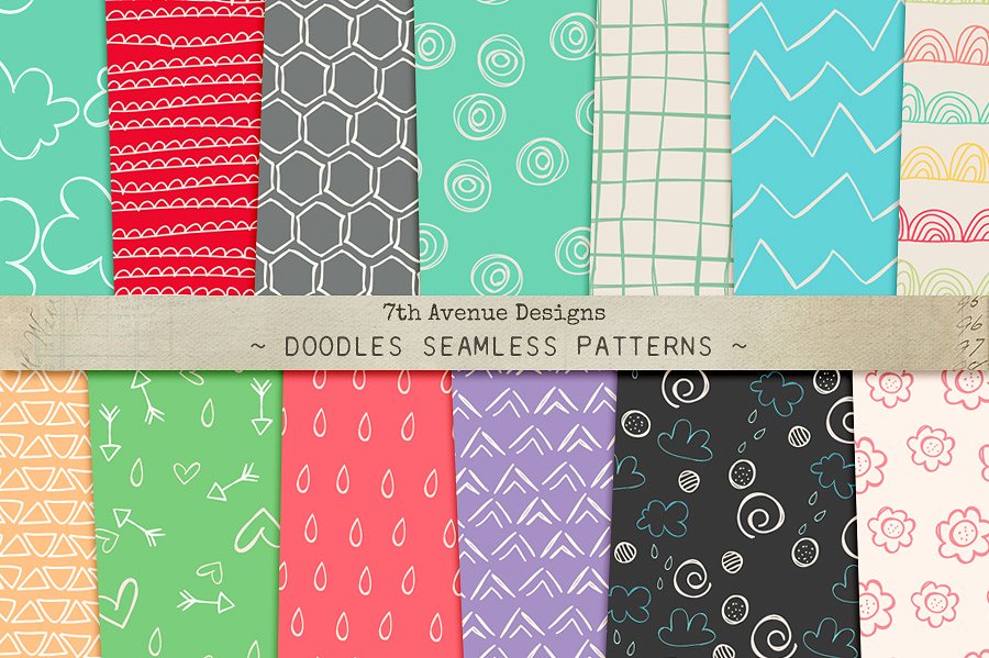 可爱卡通暖色调涂鸦无缝纹理 Doodles Seamless Patterns插图