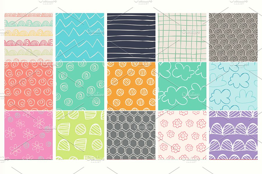 可爱卡通暖色调涂鸦无缝纹理 Doodles Seamless Patterns插图(1)