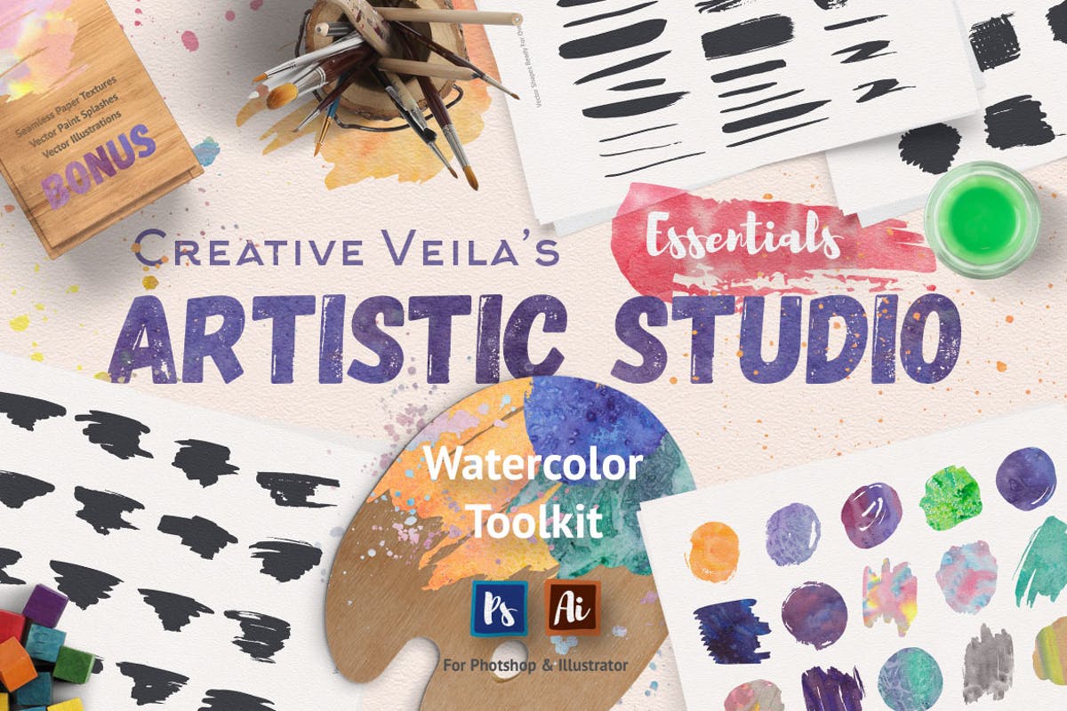 超级水彩绘画设计师工具包[ps水彩笔刷/样式/纹理] Artistic Studio: Watercolor Toolkit插图