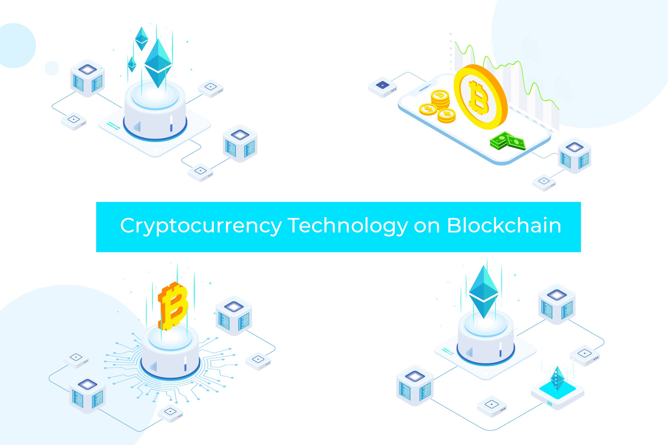 加密货币技术区块链等距矢量素材库精选概念插画素材 Cryptocurrency Technology Blockchain Isometric FV插图