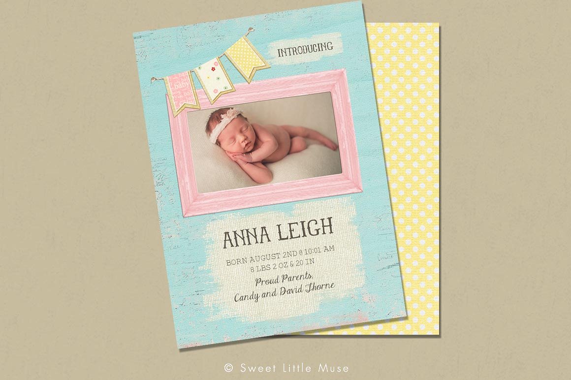 新生儿庆生生日派对聚会邀请卡设计模板 Girl Birth Announcement Template插图