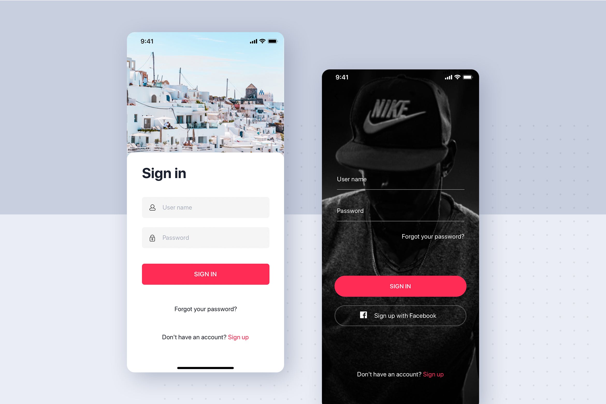 APP应用用户登录界面设计素材库精选模板[两种设计版本] Two Sign In concept for mobile app插图