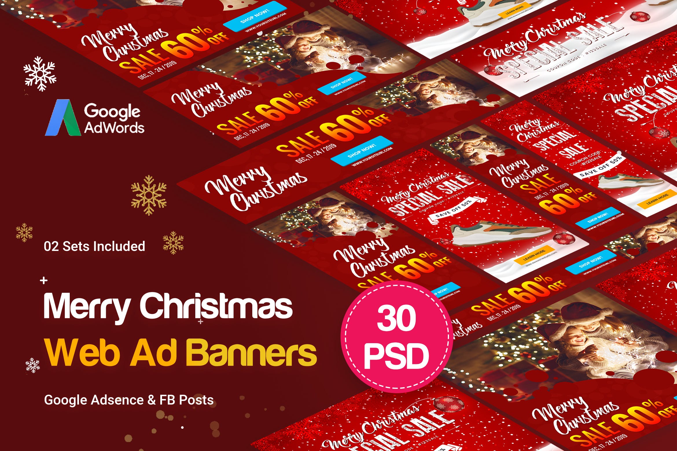 圣诞节主题风格谷歌广告Banner设计模板 Merry Christmas Banners Ad插图