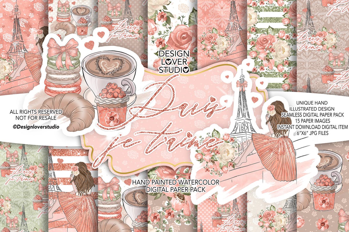 食物元素水彩花卉剪贴画设计套装 Paris je t’aime digital paper pack插图