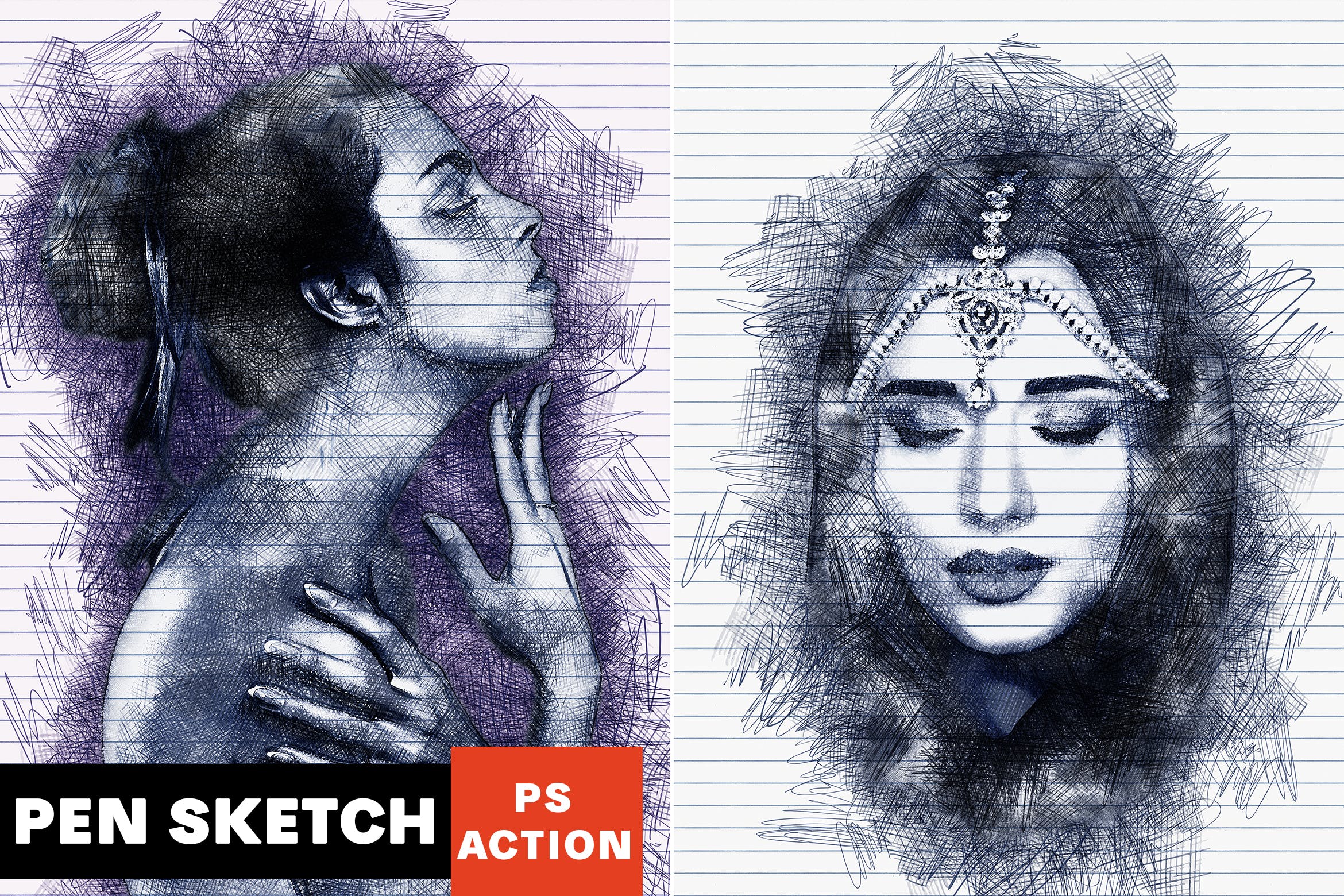 逼真铅笔素描手绘艺术效果素材库精选PS动作 Pen Sketch Photoshop Action插图