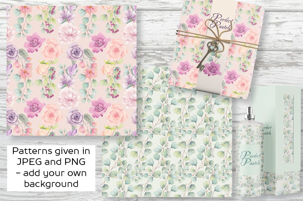 6款水彩花卉图案背景图素材 Perfect Pastels Watercolor Floral Patterns插图(1)