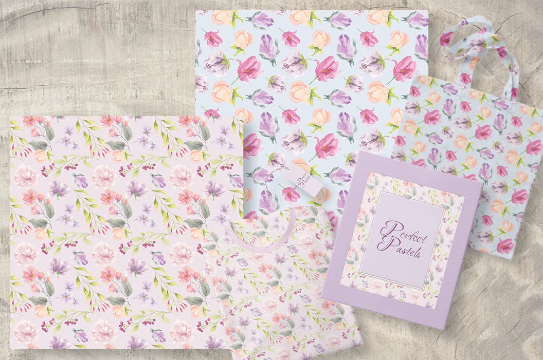 6款水彩花卉图案背景图素材 Perfect Pastels Watercolor Floral Patterns插图(2)