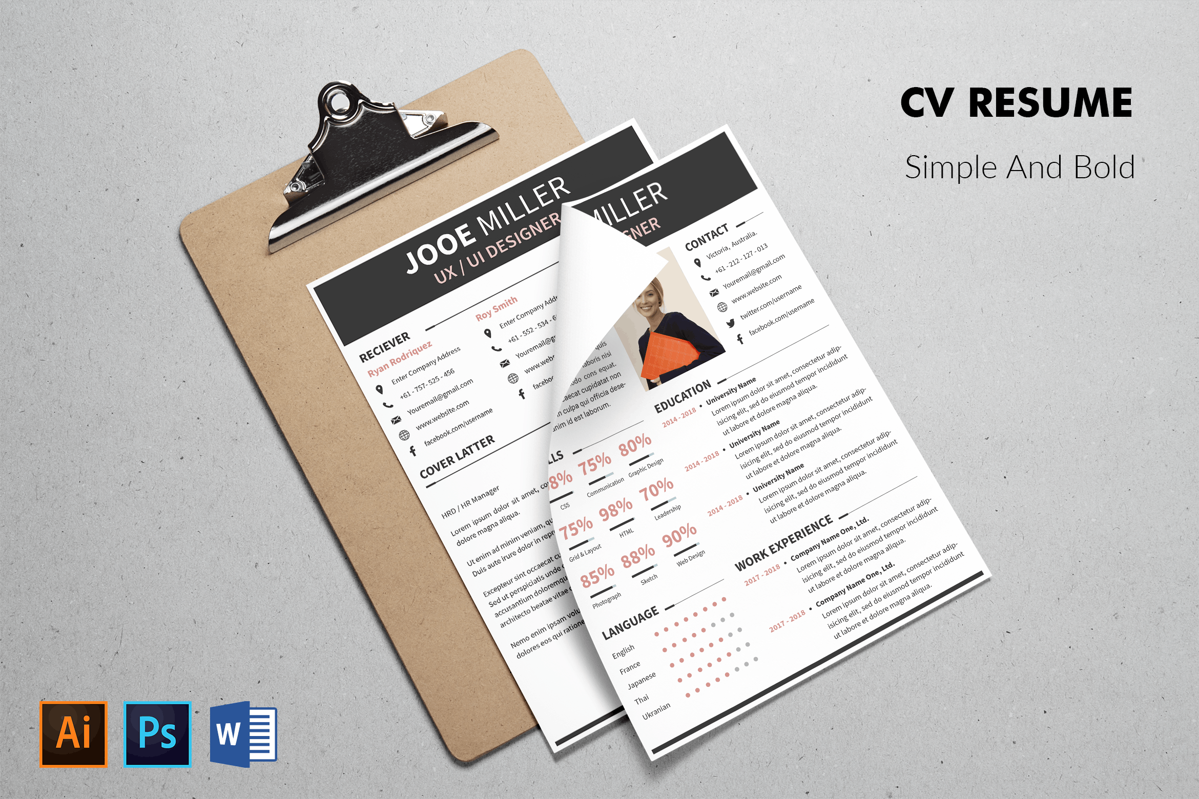 UI/UX设计师推荐信&素材库精选简历模板 CV Resume Bold And Professional插图