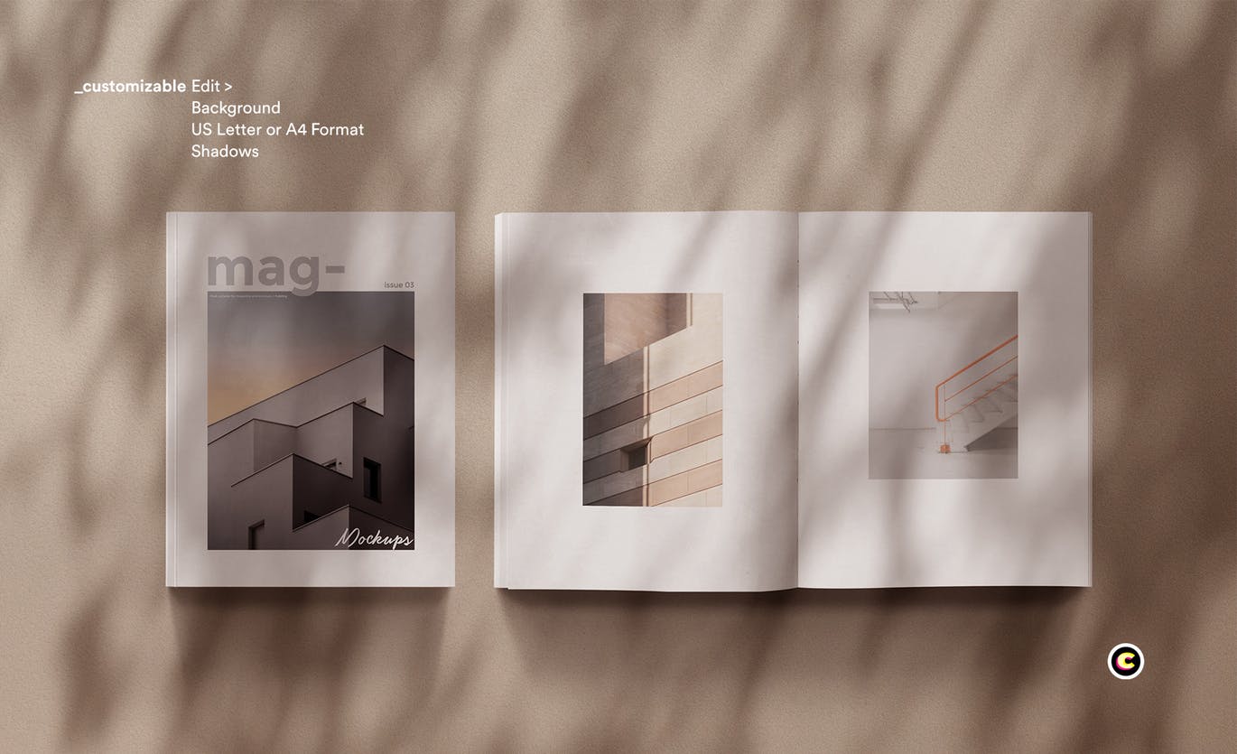 植物阴影墙背景杂志排版设计预览样机素材库精选模板 Shadow Magazine Mockups插图(2)