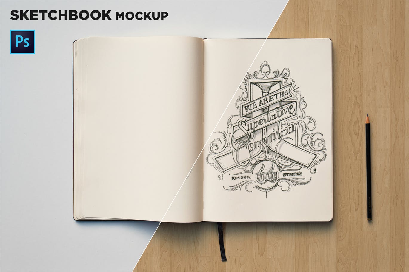 素描本内页设计/艺术作品展示顶视图样机素材库精选 Sketchbook Mockup Top View插图