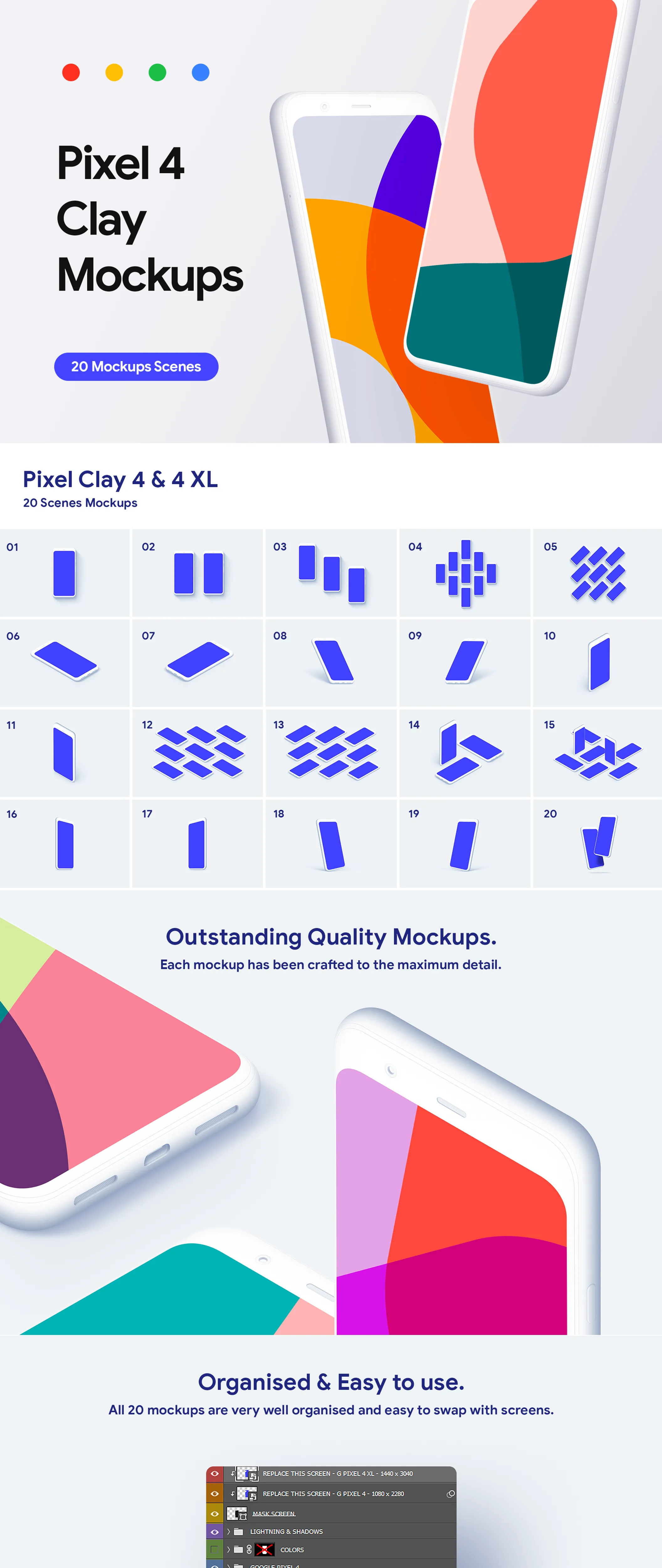 像素设计下午茶：Google Pixel 4手机效果图黏土像素设计精选样机模板