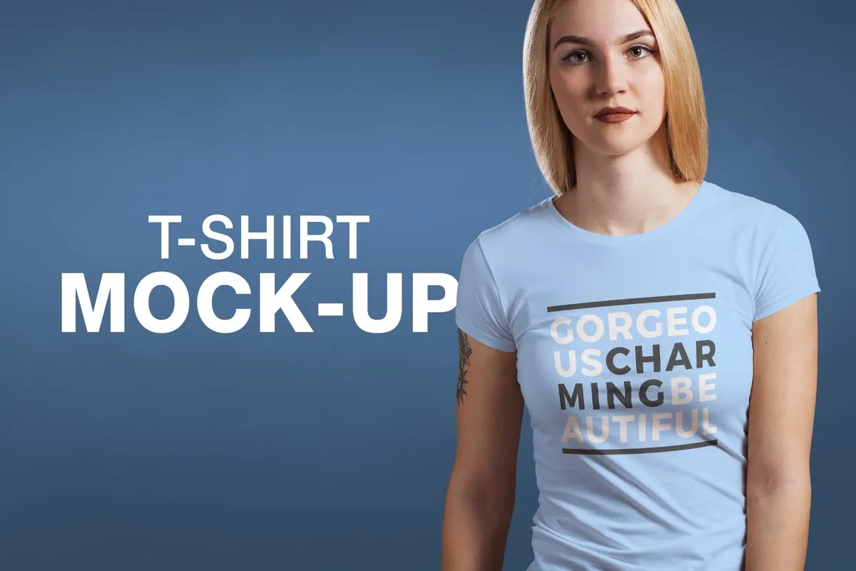 女士T恤服装场景[多个模特场景] Crew Neck T-shirt Mock-up Female Version