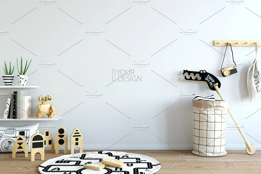 儿童主题卧室墙纸设计&相框样机 Interior KIDS WALL & FRAMES Mockup 2插图(3)