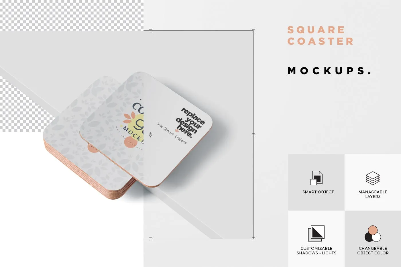 圆角方形杯垫图案设计素材库精选模板 Square Coaster Mock-Up with Round Corner插图(5)