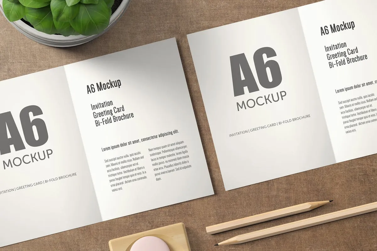 A6纵向双折页贺卡印刷品样机 A6 Portrait Bi-Fold Greeting Card Mock-up插图