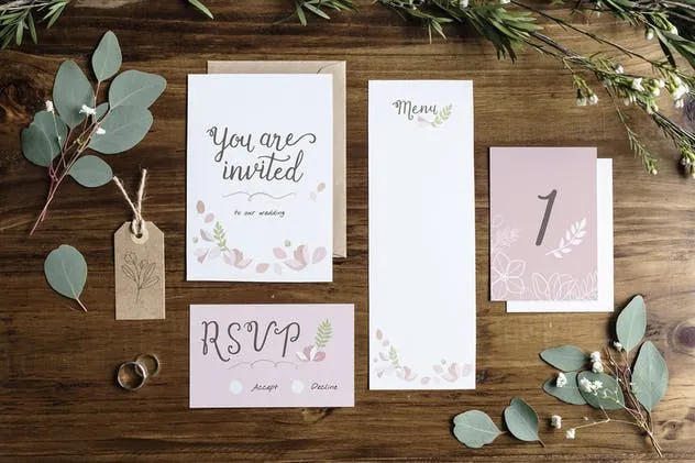 绿叶装饰婚礼邀请函样机套装 Wedding Invitation Mockup插图(2)