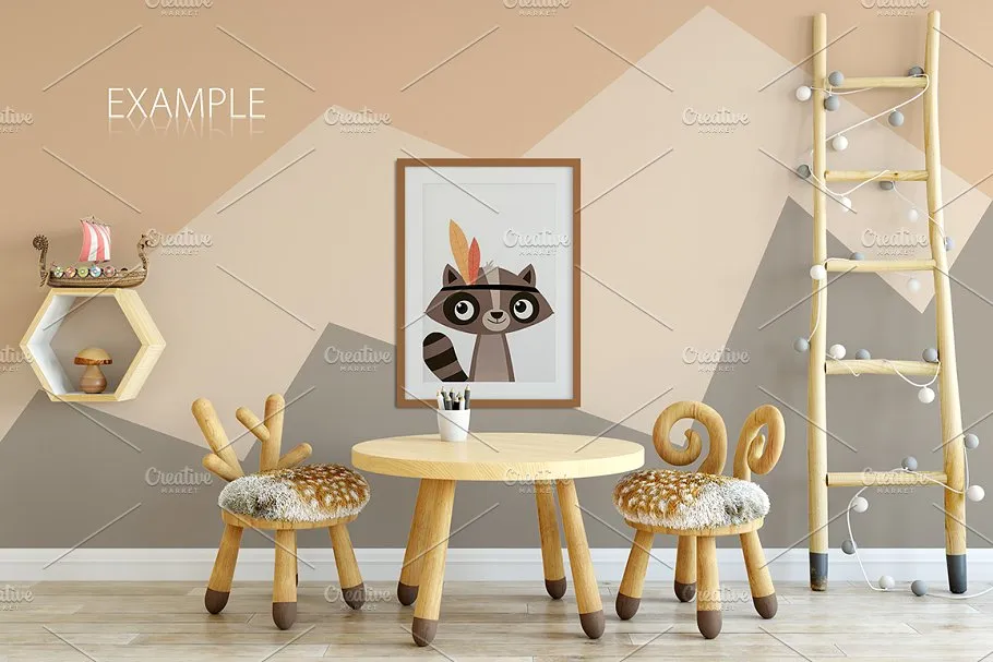 儿童主题卧室墙纸设计&相框样机 Interior KIDS WALL & FRAMES Mockup 2插图(13)