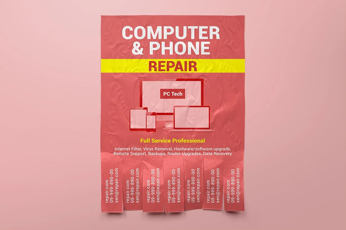 联系方式可撕下广告海报设计张贴效果图样机 Tear-off Ad Flyers Mockup插图(1)