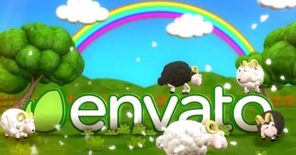 绵羊动画logo演示像素设计精选AE模板 Happy Sheeps at Meadow Logo Reveal