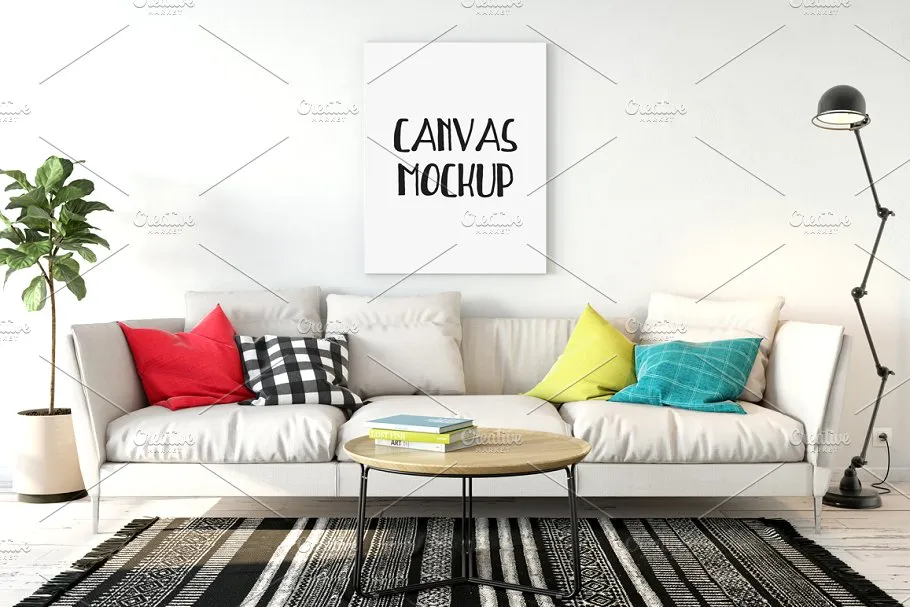 客厅挂墙画框样机02 Interior Canvas Mockup – 02插图(1)