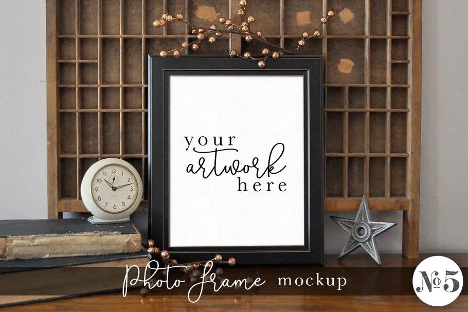 复古黑色边框画册相框样机模板 Vintage Frame Mockup #5插图(1)