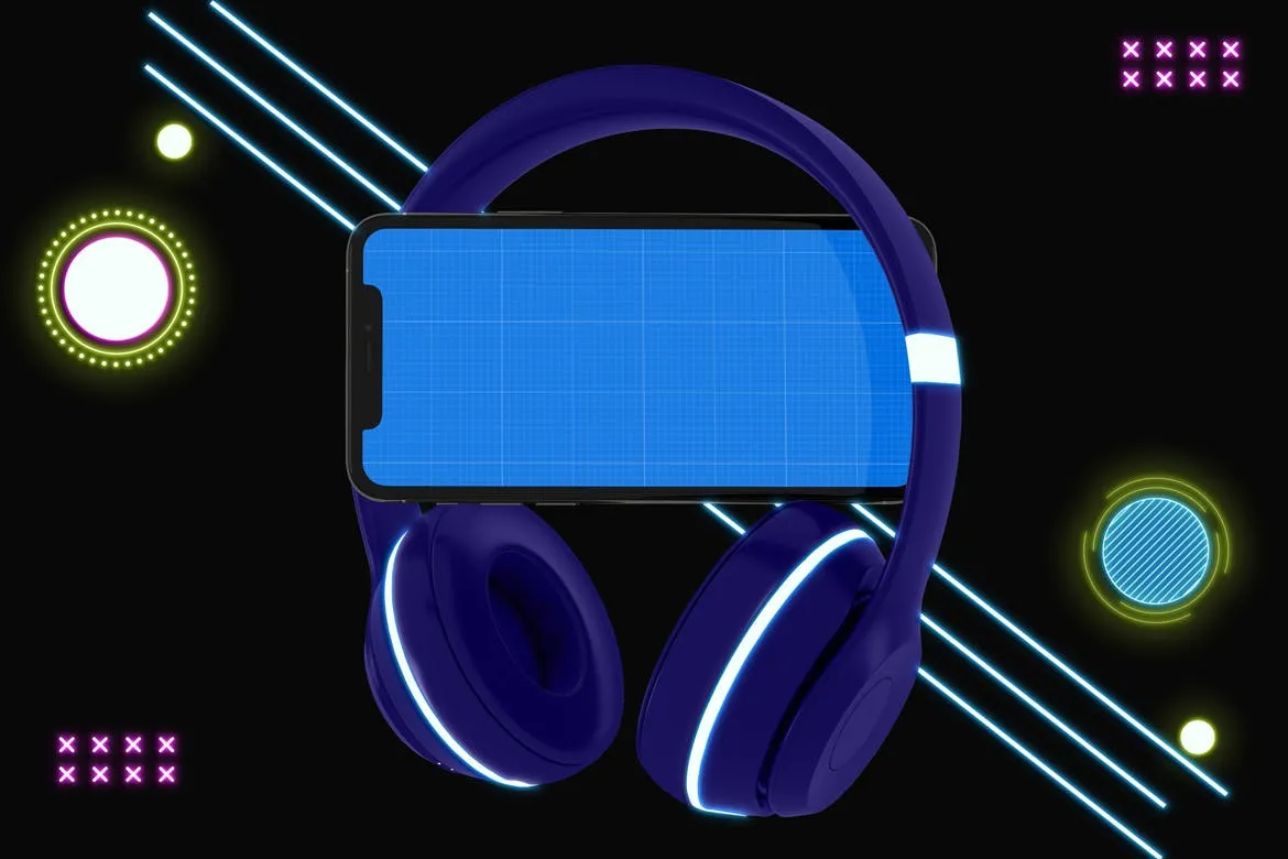 霓虹灯设计风格iPhone手机音乐APP应用UI设计图素材库精选样机 Neon iPhone Music App Mockup插图(8)