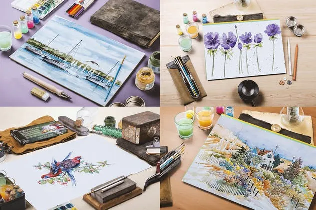 水彩颜料艺术插画样机 Watercolor Paint Mock Up插图(1)