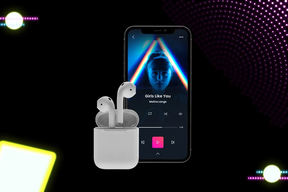 在线音乐APP设计效果图样机模板 Neon Music App MockUp插图(2)
