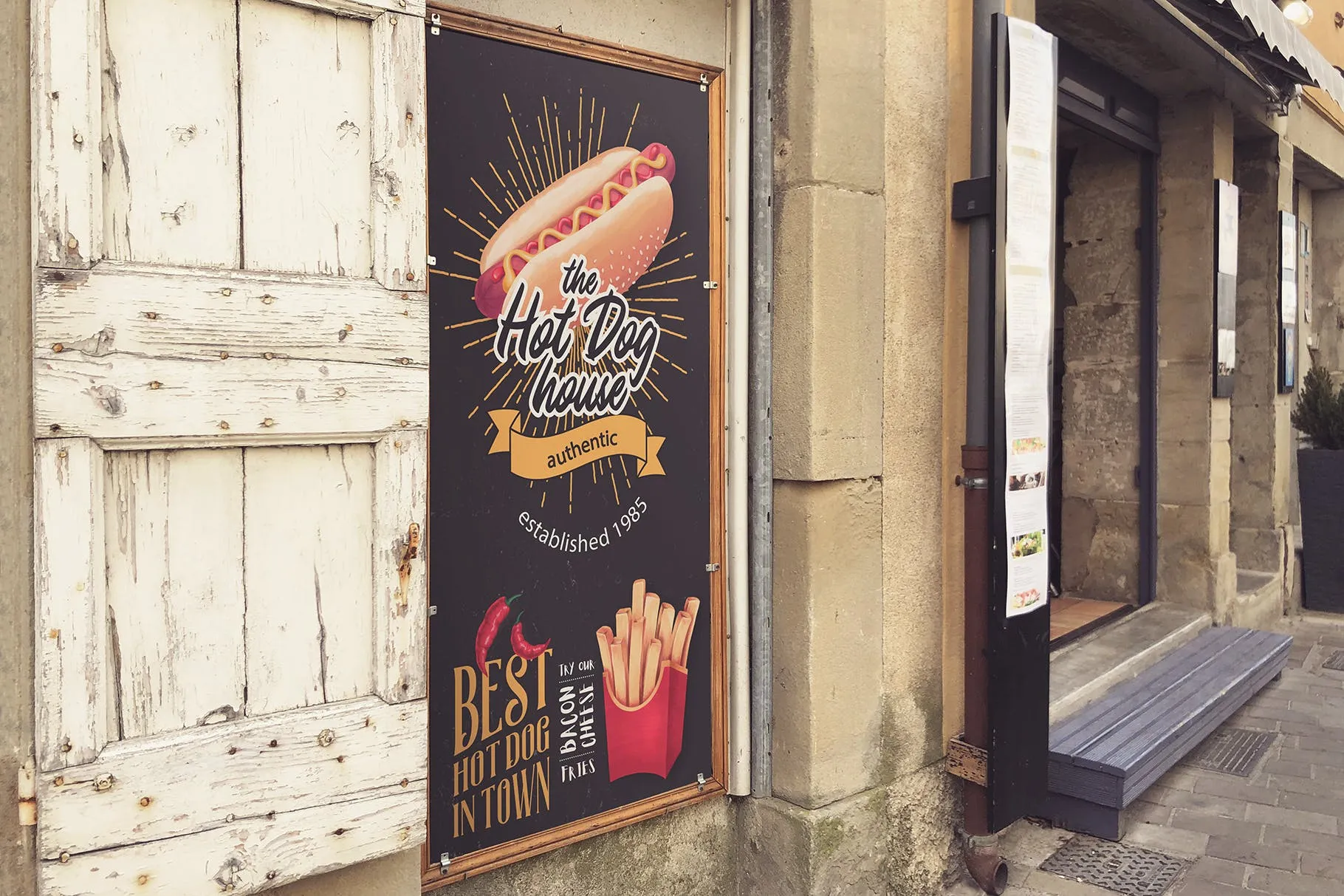 街头店铺广告牌设计效果图样机模板 Street Signboard Mockup插图(1)