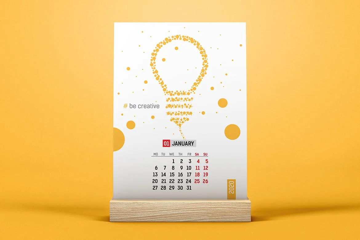 2020年木制台历日历表设计效果图样机 Desk Calendar With Wooden Stand Mockup插图(1)