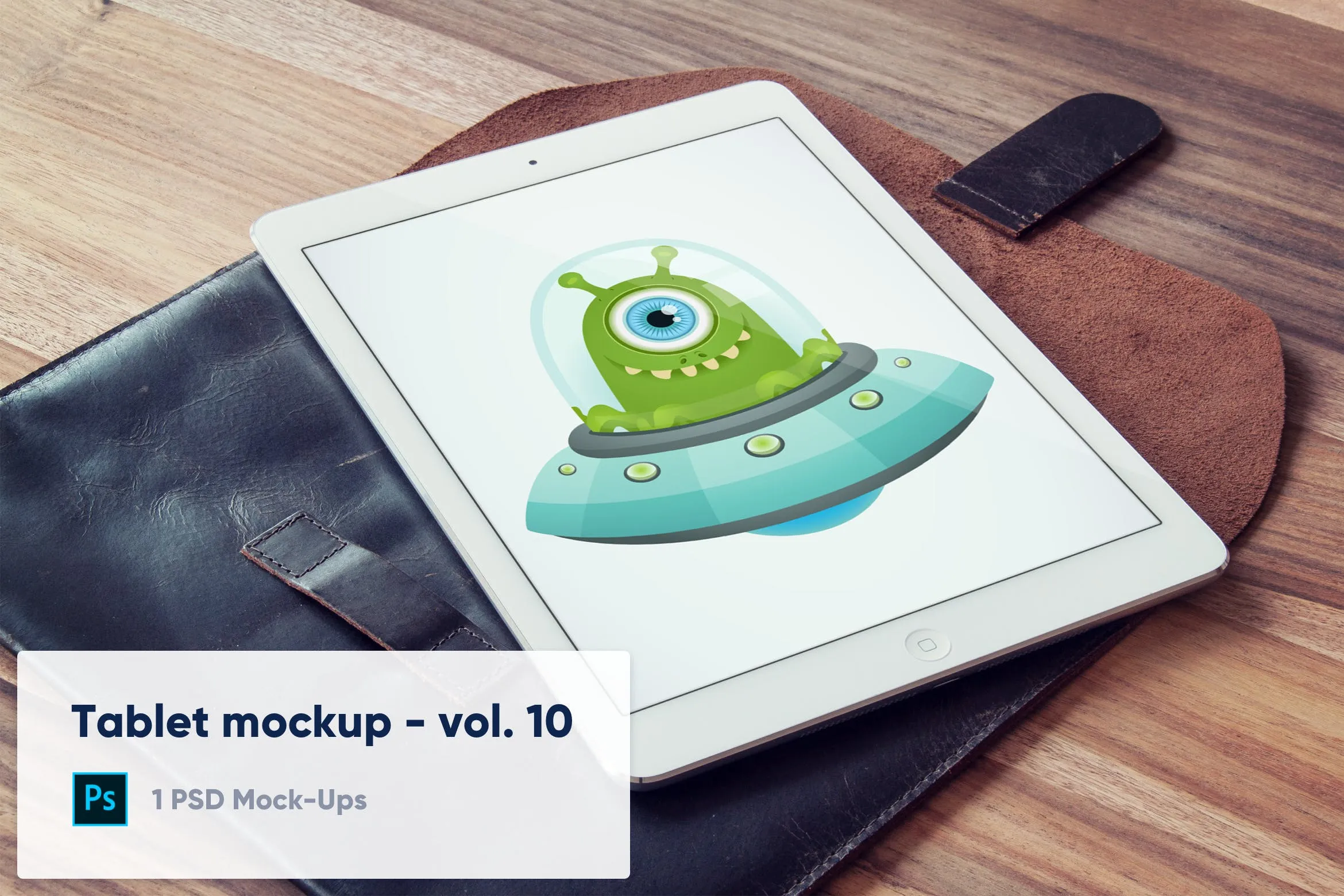 实木办公桌场景皮套上的平板电脑屏幕演示素材库精选样机 Tablet on Leather Case on Wooden Desk Mockup插图