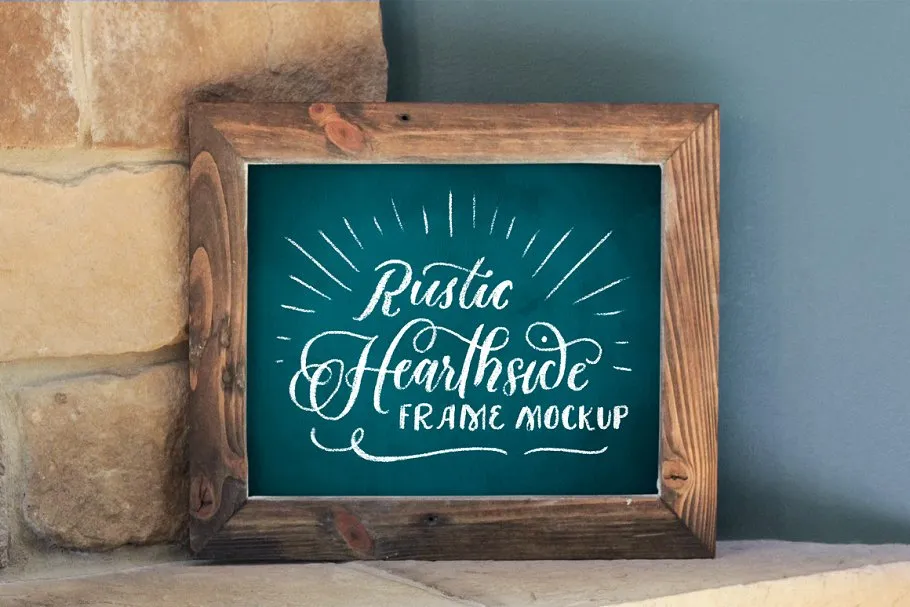 西式壁炉画框样机木板 8×10 Rustic Hearthside Frame Mockup插图