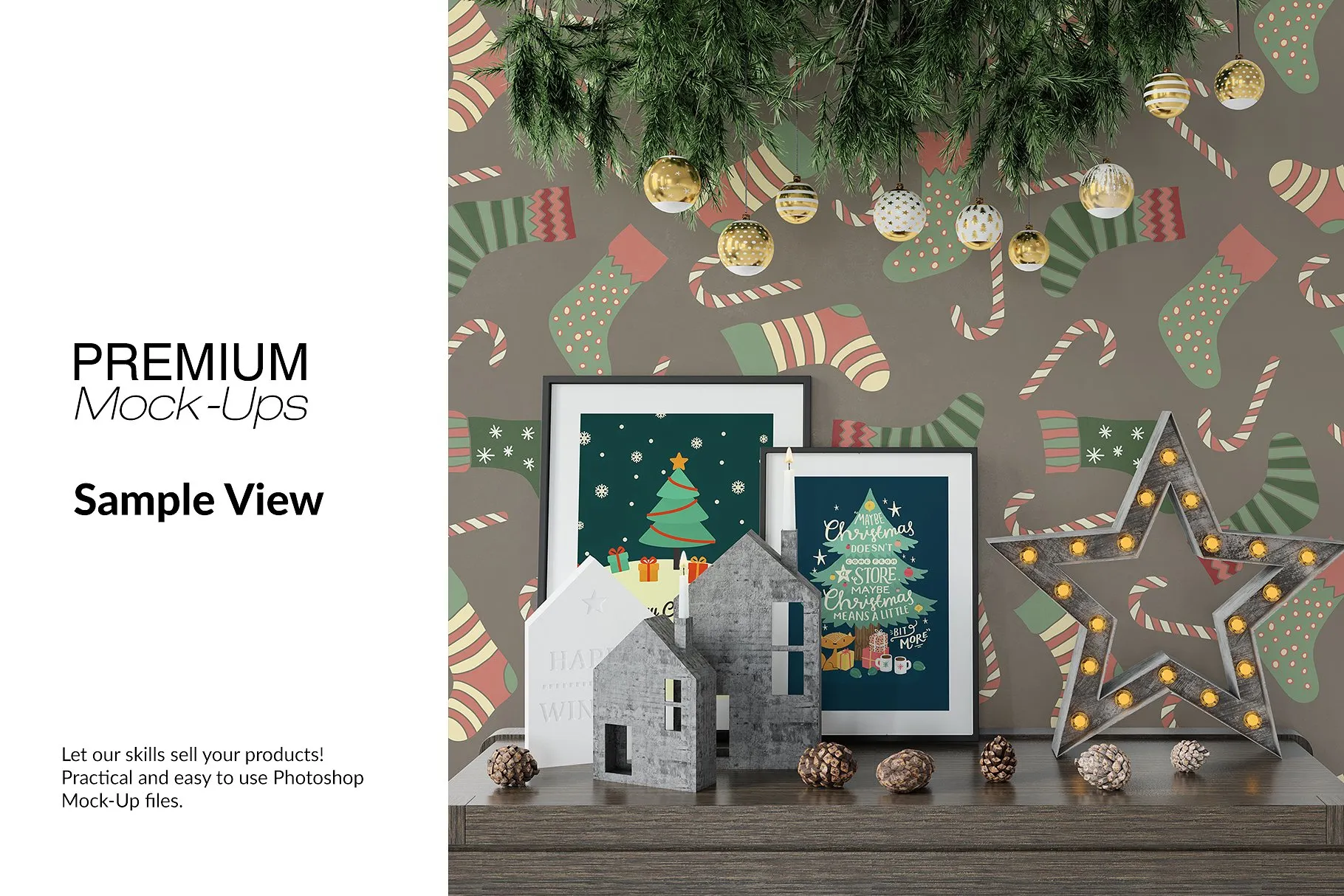 高品质的圣诞节画框框架和墙壁装饰展示样机 Christmas Frames & Wall Set [psd,jpg]插图(12)