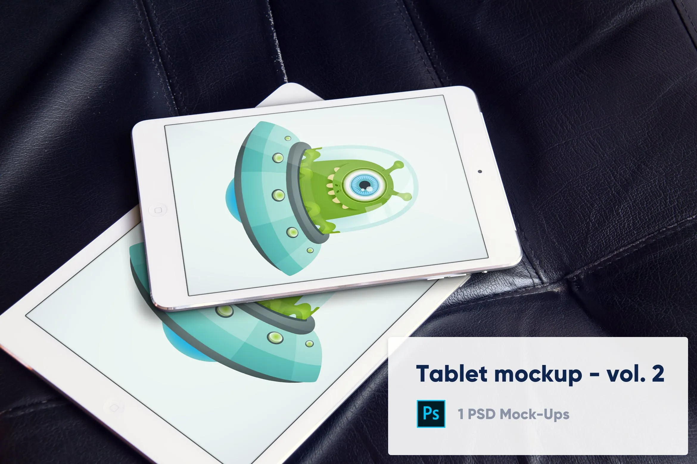 黑色皮革背景iPad平板电脑产品设计演示素材库精选样机v2 Tablets Mockup on Black Leather Background  Vol. 2插图