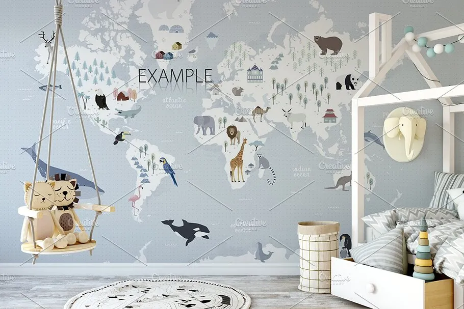儿童主题卧室墙纸设计&相框样机 Interior KIDS WALL & FRAMES Mockup 2插图(7)