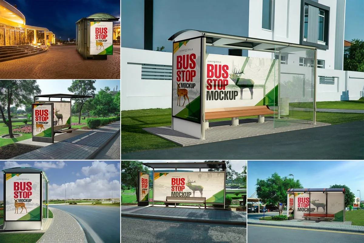 巴士公交站台灯箱广告牌样机 Bus Stand Mockups插图