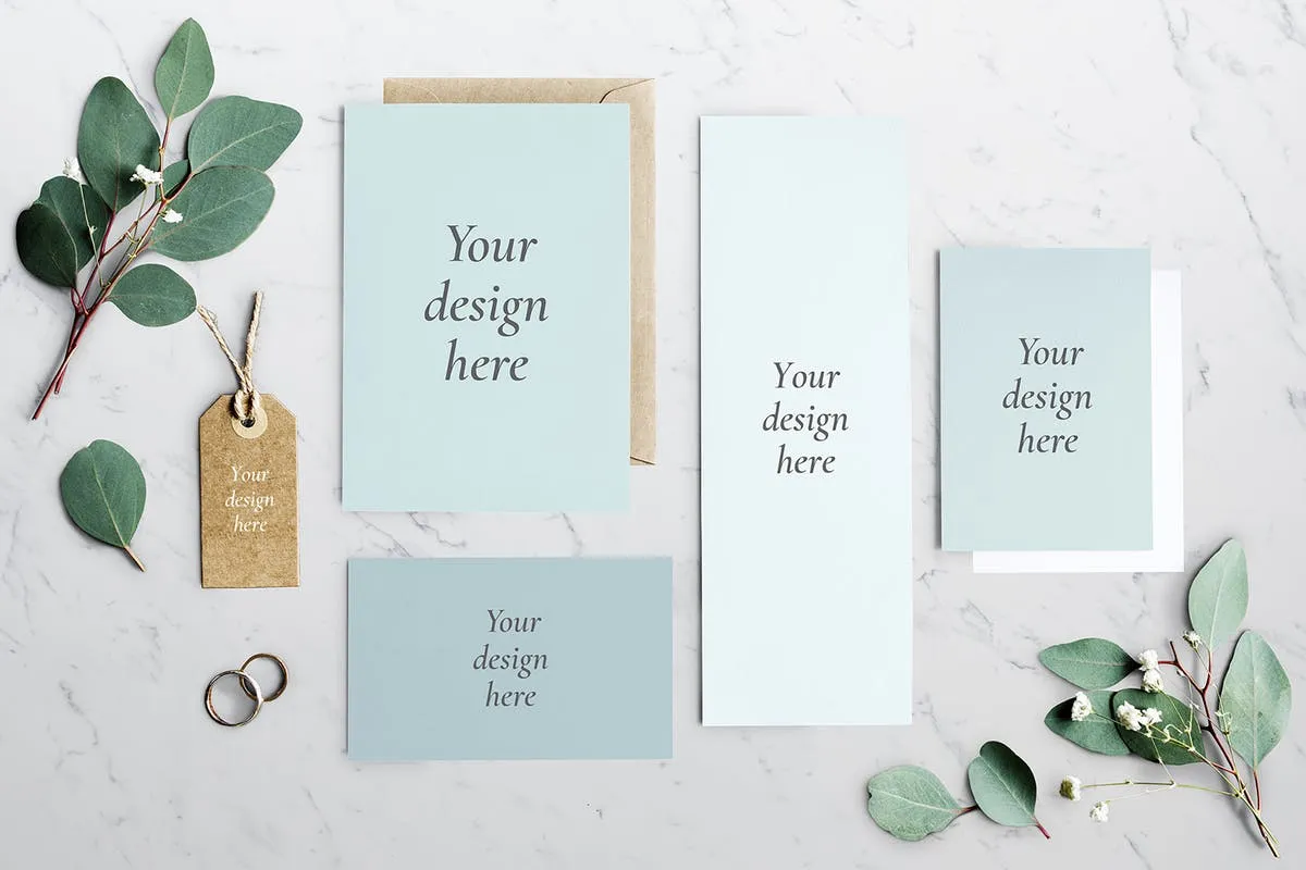 绿叶装饰婚礼邀请函样机套装 Wedding Invitation Mockup插图