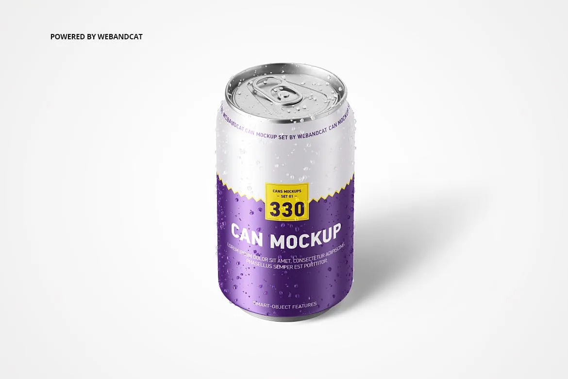 330ml容量规格易拉罐外观设计样机模板 330ml Can Mockup with Water Droplets插图(3)